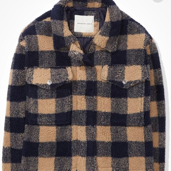 NWT American Eagle Sherpa Zip-Up Jacket Plaid - Picture 2 of 10